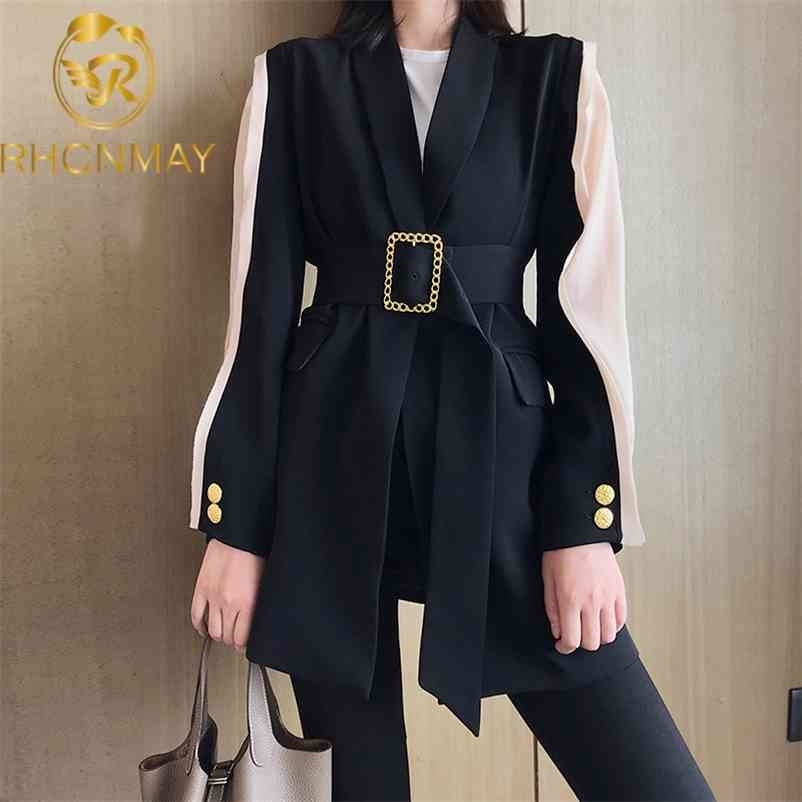 

High Quality Spring Autumn Fashion Blazer Jacket Women Patchwork Belted Style Runway Blazers Coat Ladies Outwear 210520, Black
