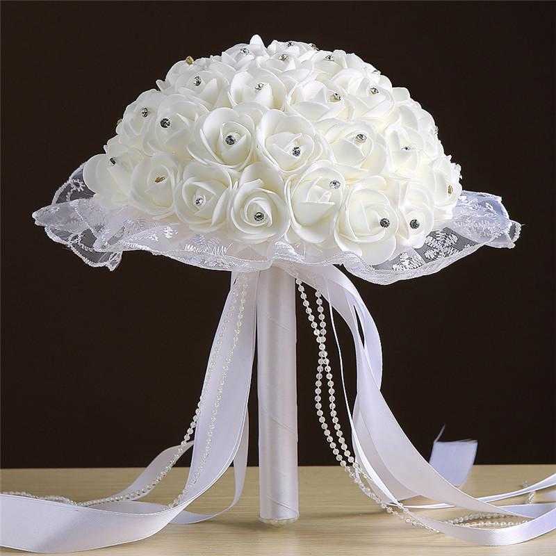 Rose Artificial Bridal Flowers Bride Bouquet Wedding Bouquet Crystal Lvory Silk Ribbon Holding Flower Bouquet Multicolor