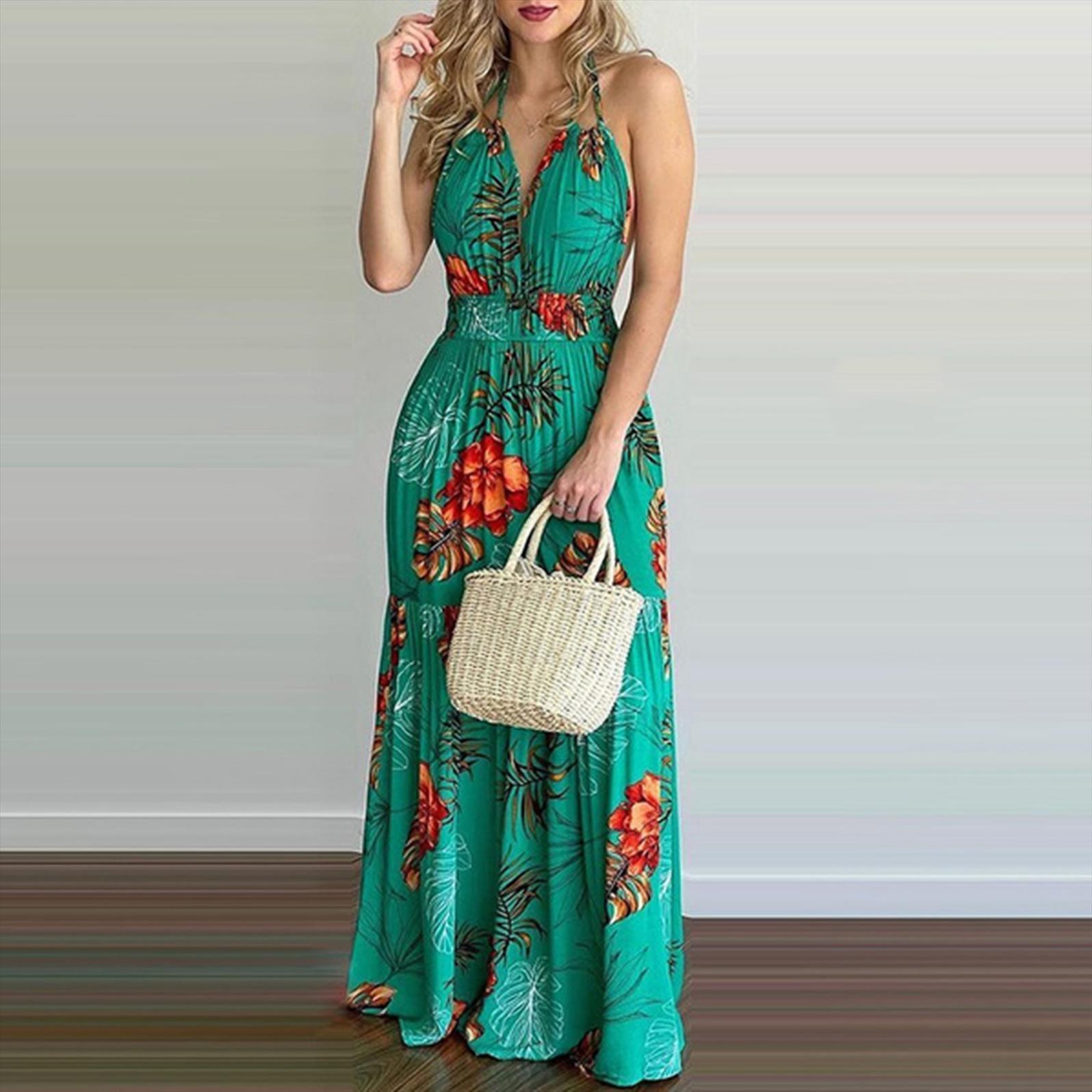 

40 tropical print long womens dresses bohemia halter backless maxi sleeveless ruffle beach vestido de mujer, Black;gray