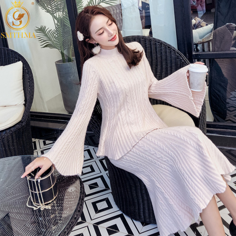 

High-Quality Winter Warm Soft Two-Piece Sets Korean Temperament Flare Sleeve Fashion Mermaid Skirt Suit 210520, Picture color