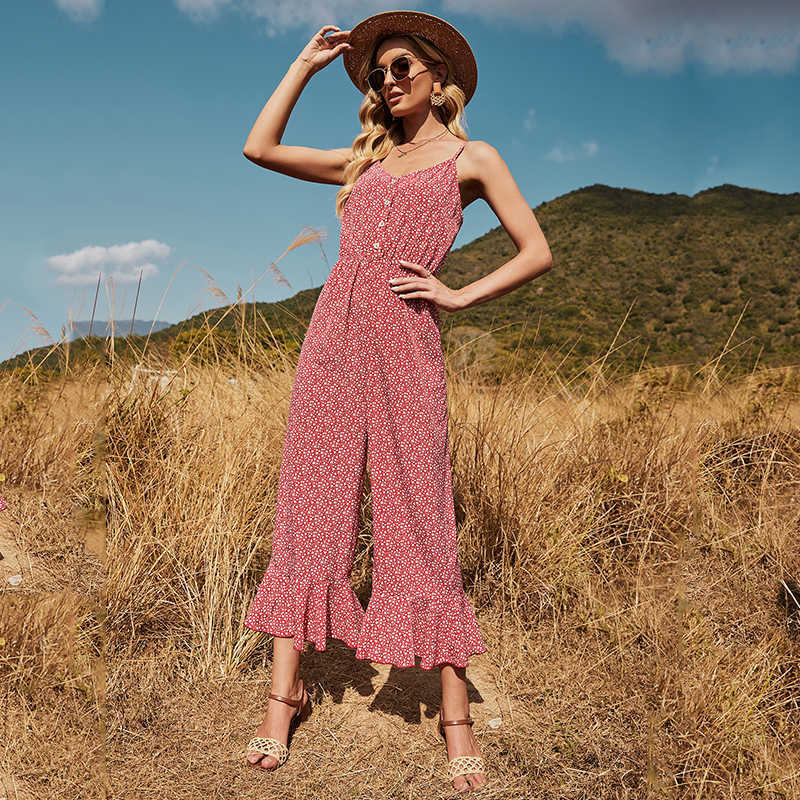 

Overalls For Women Elegant Casual Loose Camisole Flare Pants Single Breasted Floral Print High Waist Sleeveless Jumpsuits 210604, Red
