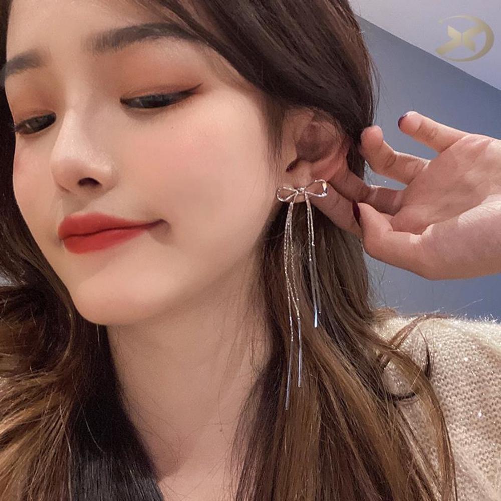 

earrings S925 silver needle women's simple temperament long Tassel Earrings niche design cool wind bow earrings, Golden