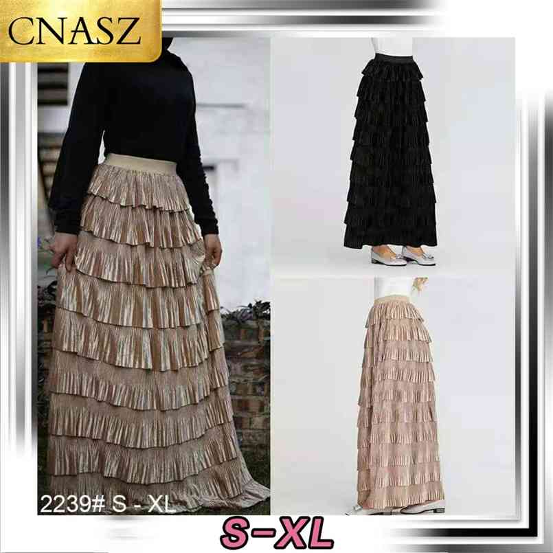 

Longer Length Elegant Modest Muslim Cascading Ruffle Cake Style Islamic Skirts Female Ruffles Skirt Big Swing Long 210708, Khaki