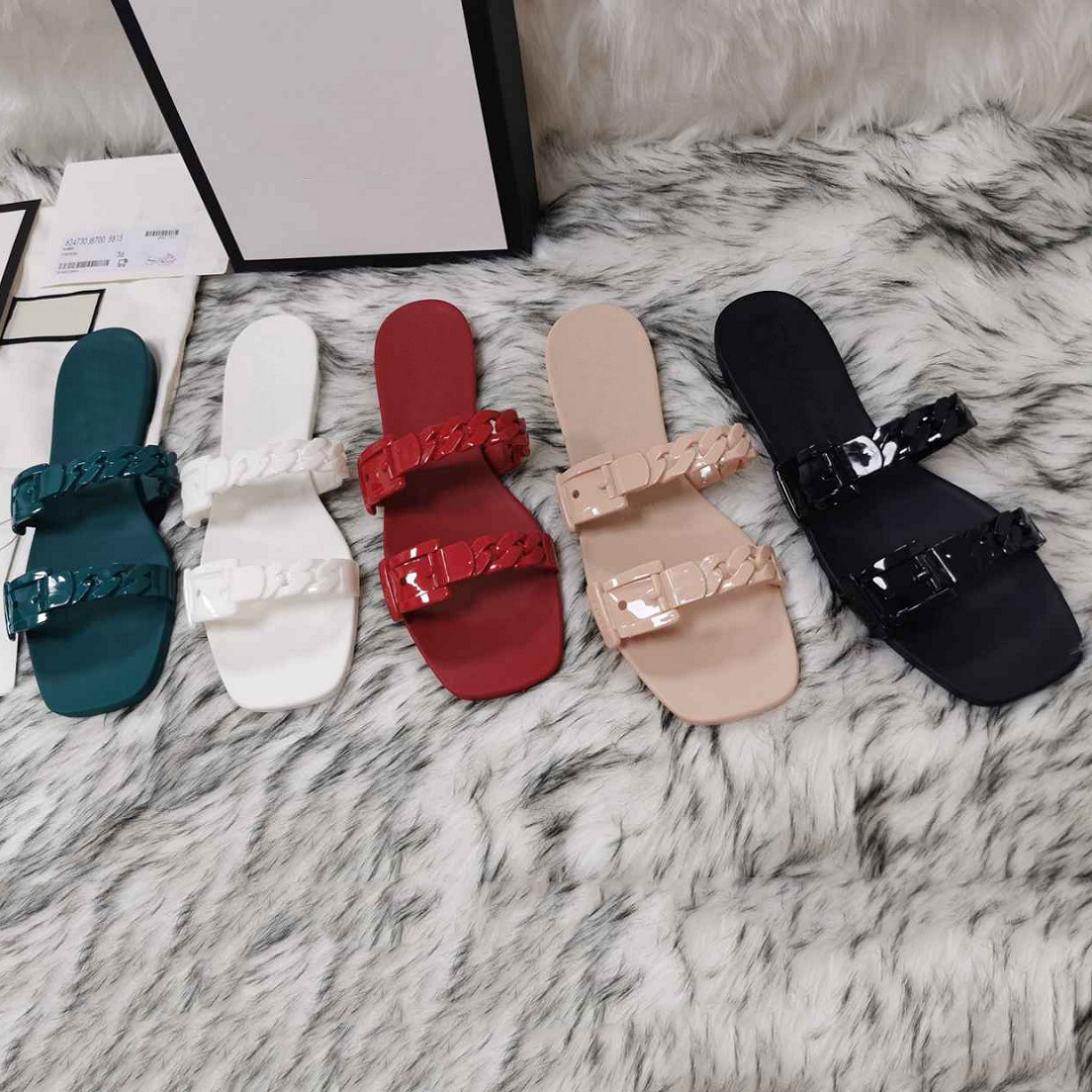 

Women sandals slippers slides Rubber Slide Slipper platform flat heel Retro Sexy Sandal Candy Colors with logo box