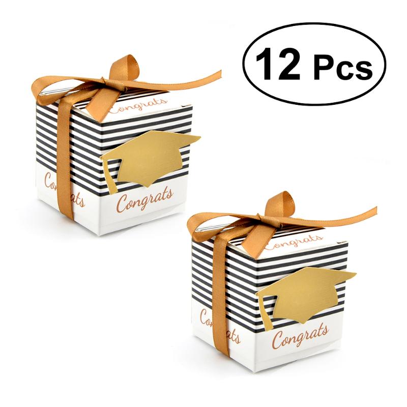 

Gift Wrap 12PCS Treat Paper Candy Cardboard Boxes European Stripes Doctoral Pattern With Ribbon For Graduation Ceremony Wedding