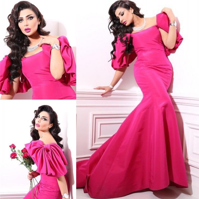 

Elegant Arabic Mermaid Formal Evening Dresses Square Neck Short Sleeve Plus Size Fuchsia Long Prom Dress For Women Special Occasion Wear, Hunter