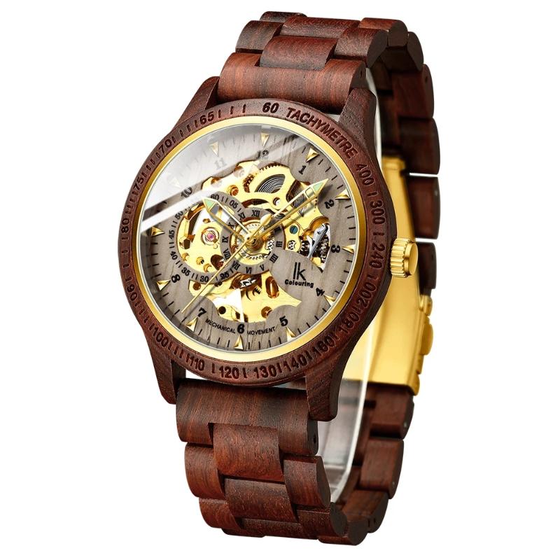 

Wristwatches Mekaniska Klockor Classic Fashion Wooden Men Automatic Mechanical Watch Strap Skeleton Transparent Sport Male WristWatch, Red