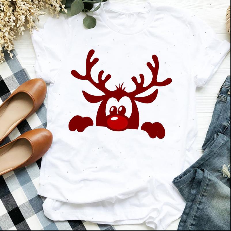 

deer animal cartoon print printing women merry christmas clothes tee graphic shirt, White