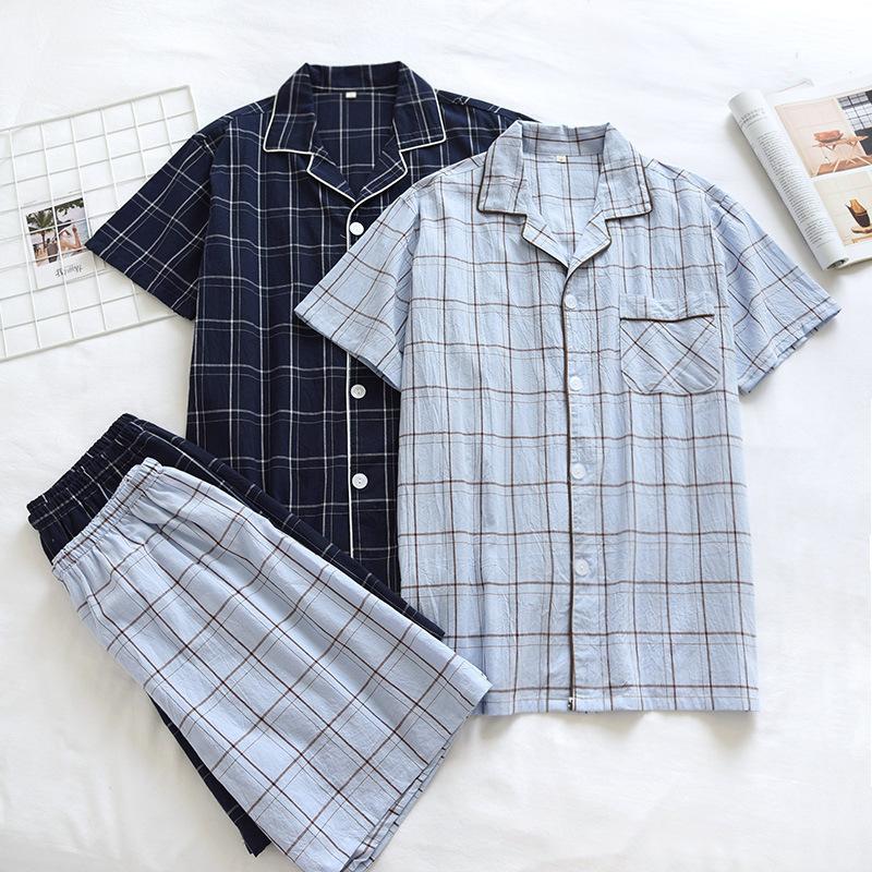 

Men's Sleepwear Plaid Washed Cotton Pajamas Summer Thin Short-sleeved Shorts Suit Cardigan Plus Size Home Service, Black;brown
