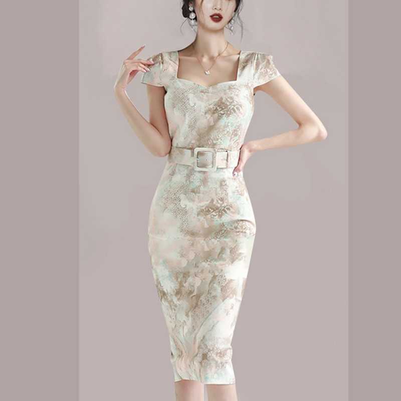 

Vintage Elegant Print Pencil Dress Women's Summer Fashion Office OL Square Collar Bodycon Slim Waist Party Dresses Vestidos 210526, Photo color