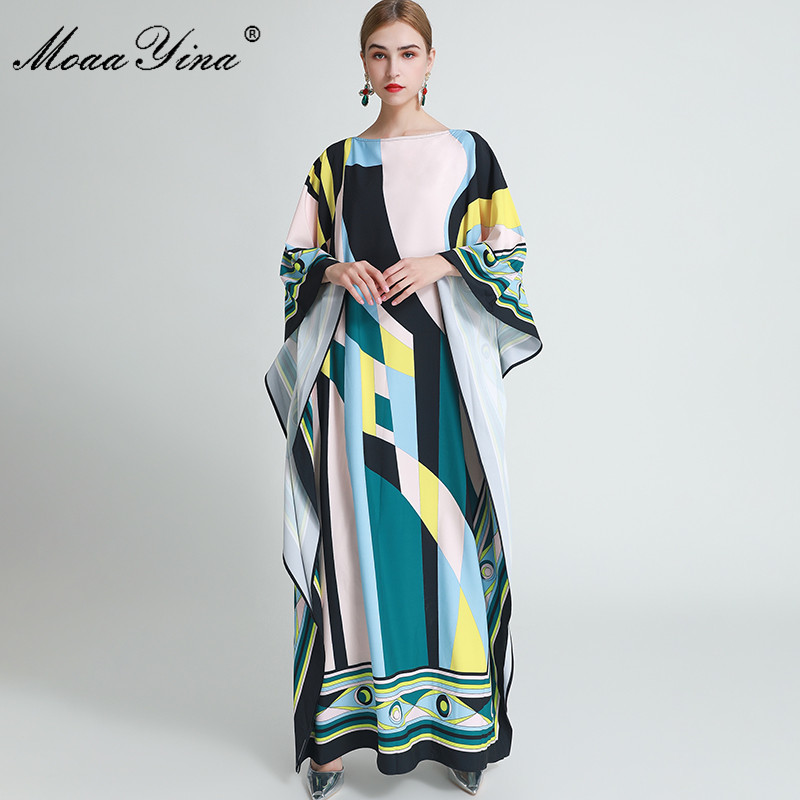 

Fashion Designer dress Spring Autumn Women' Dress Batwing Sleeve Geometry Print Loose Maxi Robe Dresses 210524, Multi