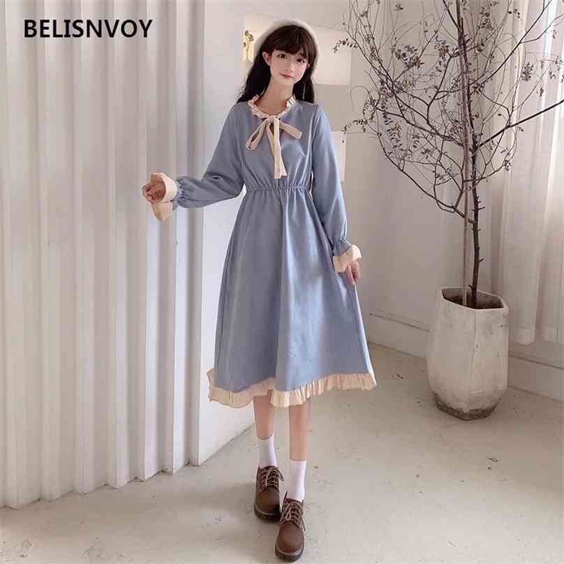 

Japanese Mori Girl Spring Fall Women Knee-Length Dress Bowknot Ruffled Vestidos Longo Elegant Sweet Kawaii Ruffles 210520, Pink