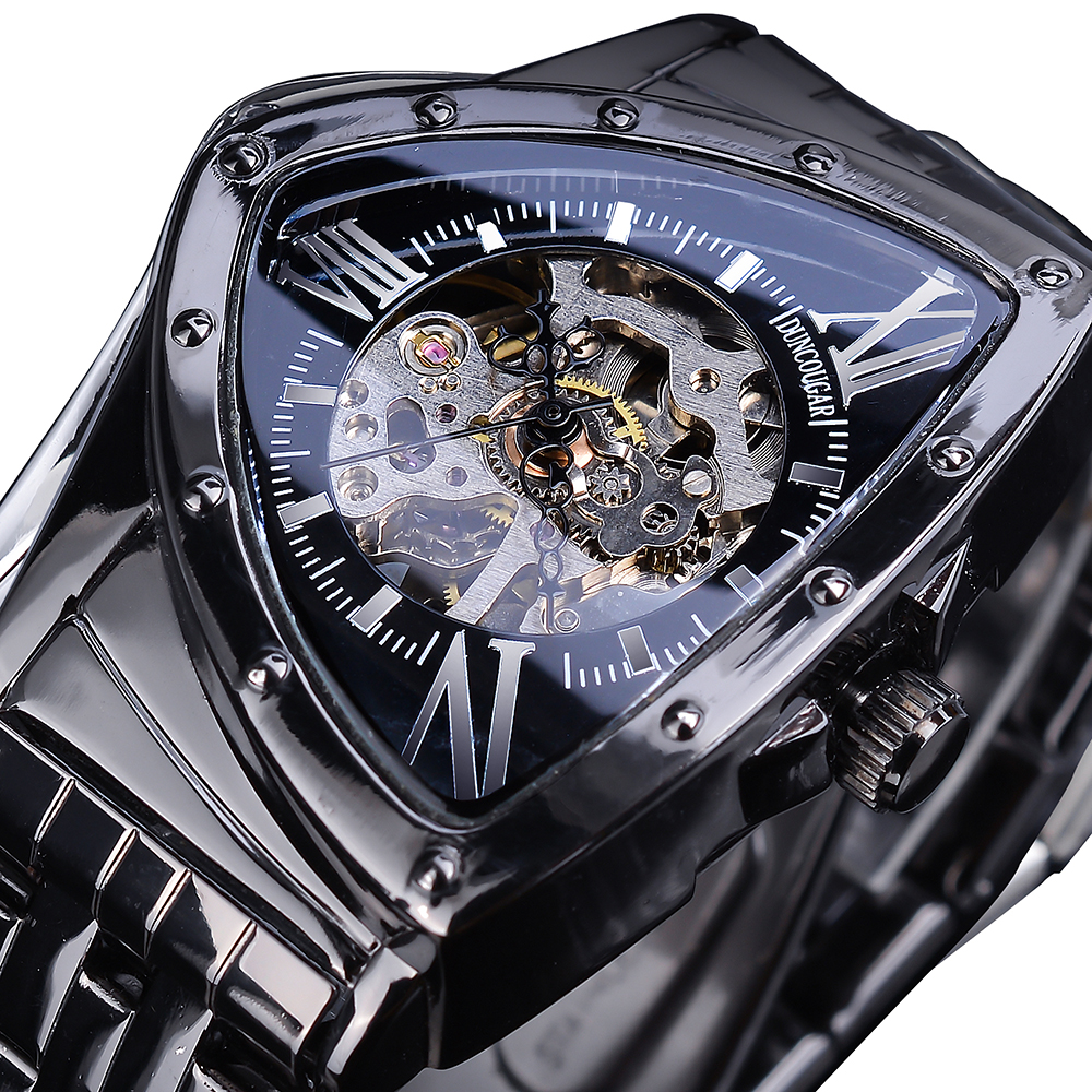 

DUNCOUGAR Triangle Skeleton Black Automatic Watch Stainless Steel Men Business Sport Irregular Mechanical Wristwatchg, Gmt1199-4