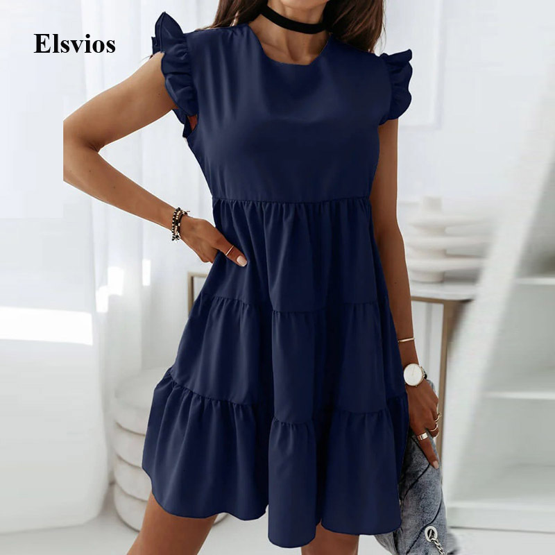 

Casual Dresses Solid Loose Ruffle Mini Summer Butterfly Short Sleeve Beach Women Elegant O Neck Pleated Party Vestidos SH2N, 03 purple