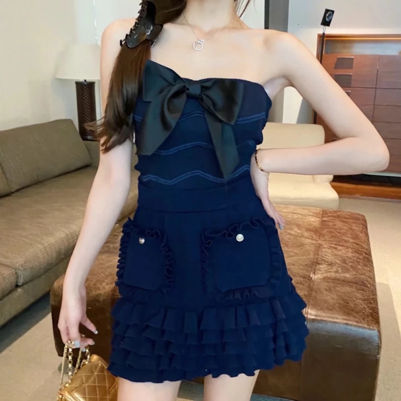 

skirt Cute Sweet Knitted 2 Set Summer Sexy Strapless Crop Top + High Waist Ruffles Skirts Sets Tracksuit Women Two Piece Outfits 6B2H, Black