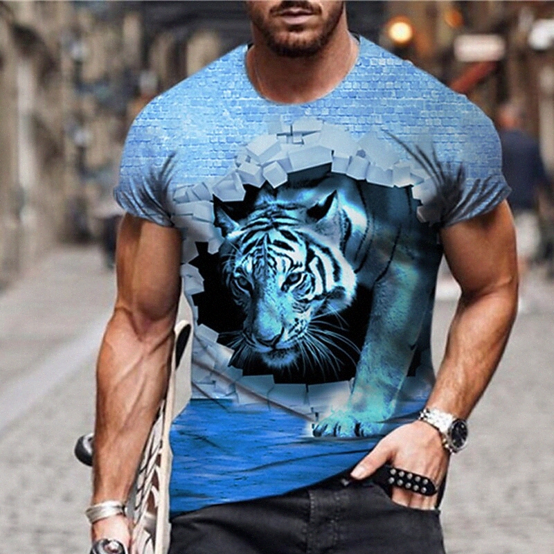 Men's Unisex T shirt 3D Print Graphic Prints Tiger Crew Neck Street Daily Print Short Sleeve Tops Casual Designer Big and Tall Sports Blue L