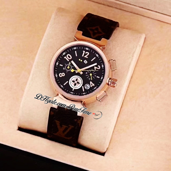 

33mm Tambour Miyota Quartz Chronograph Womens Watch 18K Rose Gold Black Dial Yellow Hands Brown Leather Strap Stopwatch Ladies Watches Puretime F13b2, Customized waterproof service