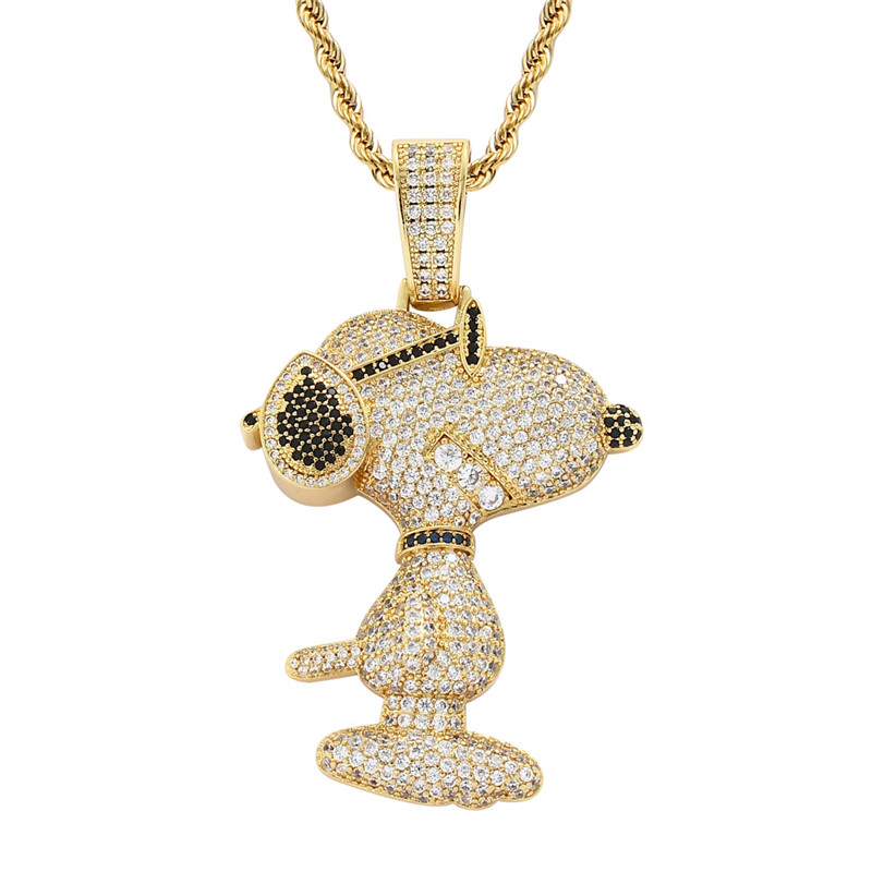 

Snoopy Dog Necklace Gold Plated Copper Inlaid Cubic Zirconia Pendant 60cm Stainless Steel Chain Hip Hop Jewelry