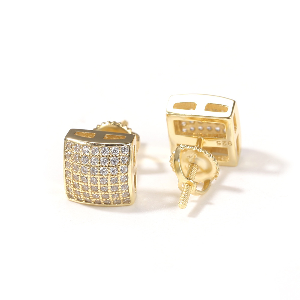 

Mens Hip Hop Stud Earrings Jewelry Fashion Gold Square Simulated Diamond 925 Silver Earrings 8mm