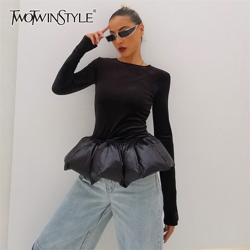 

TWOWINSYLE Black Patchwork Bud Hem Shirt For Women O Neck Long Sleeve Velour Slim Shirts Female Spring Fashion Style 210524