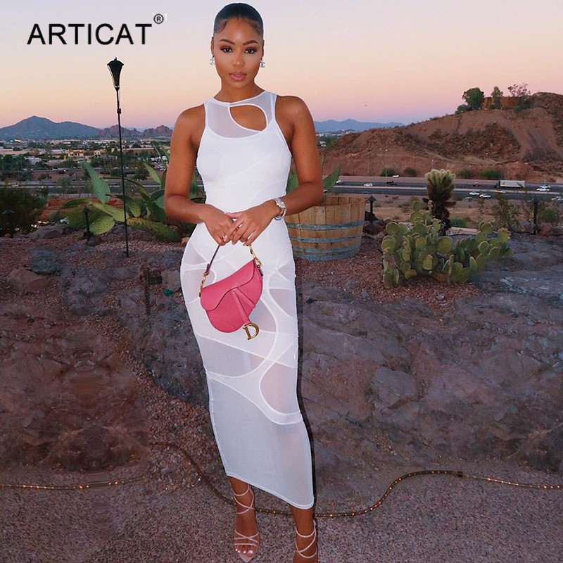 

sleeveless bodycon long dress women hollow out transparent midi clubwear elegant o-neck party vestidos summer 2021high quality, Black;gray