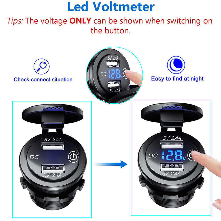 

Car Display 24W LED USB Charger Touch Switch Waterproof Universal Boat Truck Car Dual USB Charger Socket For Phone Tablet GPS