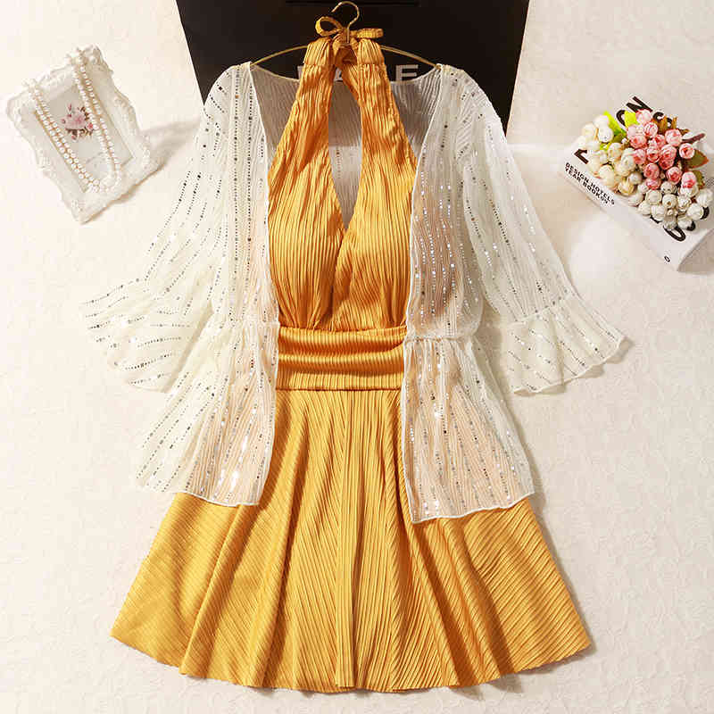 

swimwear one-piece women swimsuit skirt big breasts sexy Bikini Swimming Costume Ruffles Backless Monokini Swimwear Beachwear Body, Yellow