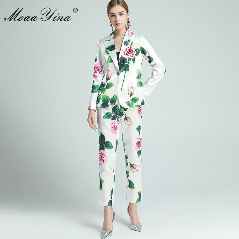 

Fashion Designer Set Spring Autumn Women's Long sleeve Rose Beaded Floral-Print Suit Tops+Trousers Two-piece set 210524, White