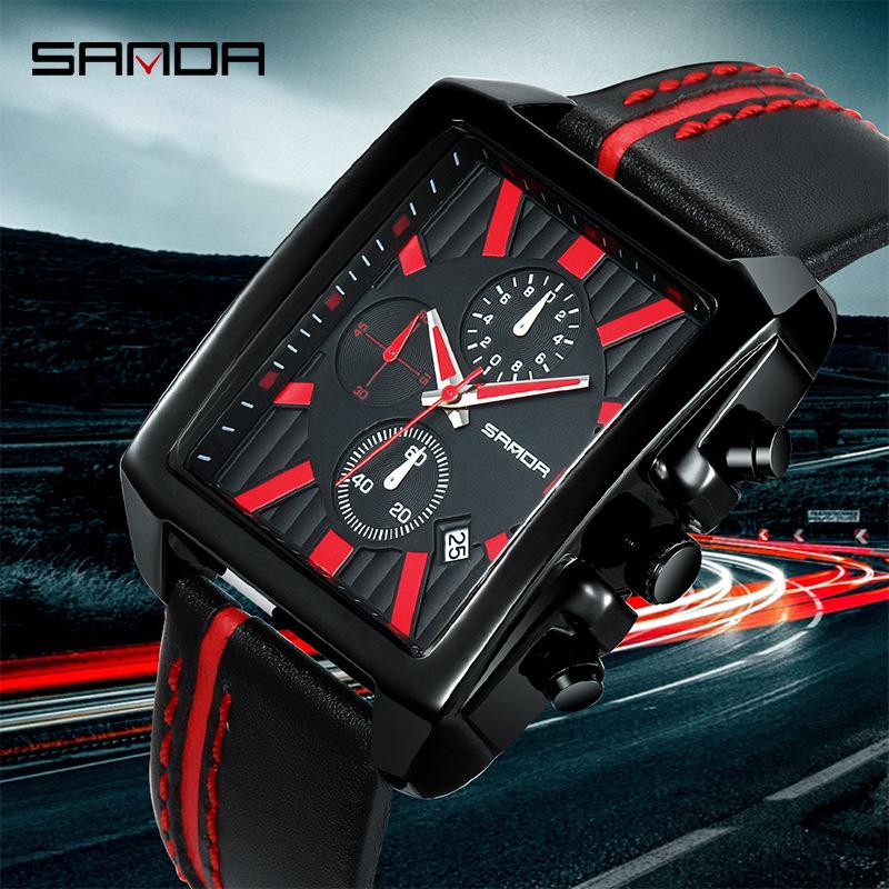 

Wristwatches Sanda Watch Men Square Retro Genuine Leather Stylish Guy's Multi-Function Sport Student Fashion Trendy Relogio Masculino, Brown