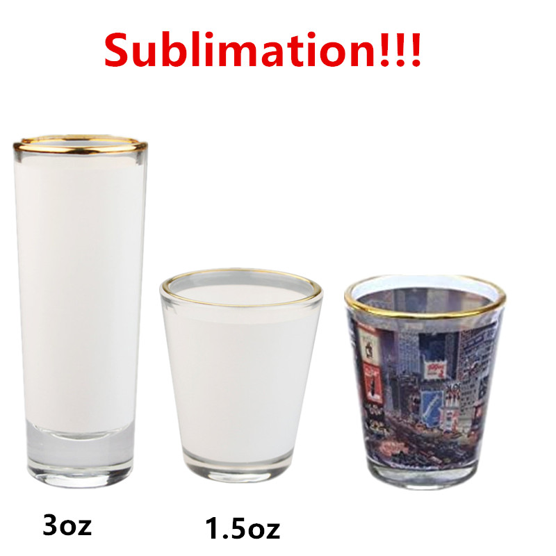 

1.5oz 3oz Sublimation shot glasses tumbler White Patch golden rim Wine Glasses Heat Transfer Printing Frosted cup Blank Sublimation Tumbler