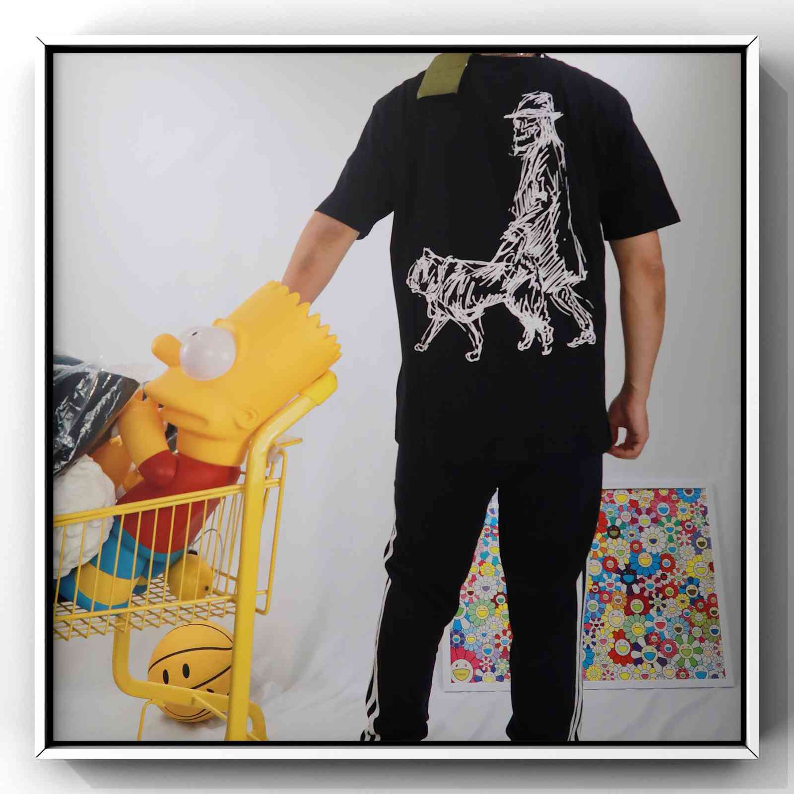 

Yamamoto tee back Yohji embroidery old man walking dog illustration T-shirt short sleeve, White;black