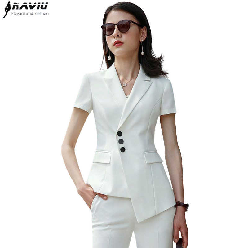 

Naviu Summer Clothe Pant Suit OL Formal Slim Short Sleeve Blazer and Trousers Office Ladies Plus Size Work Wear 210604, Black coat and skirt