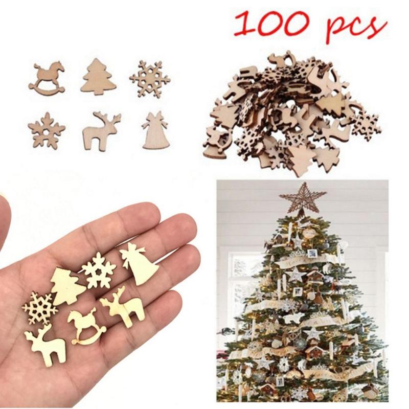

Christmas Decorations 100pcs Wooden Tree Ornaments Mini Snowflake Hanging Pendants Decor Snowman Deer Xmas Party Decoration For Home
