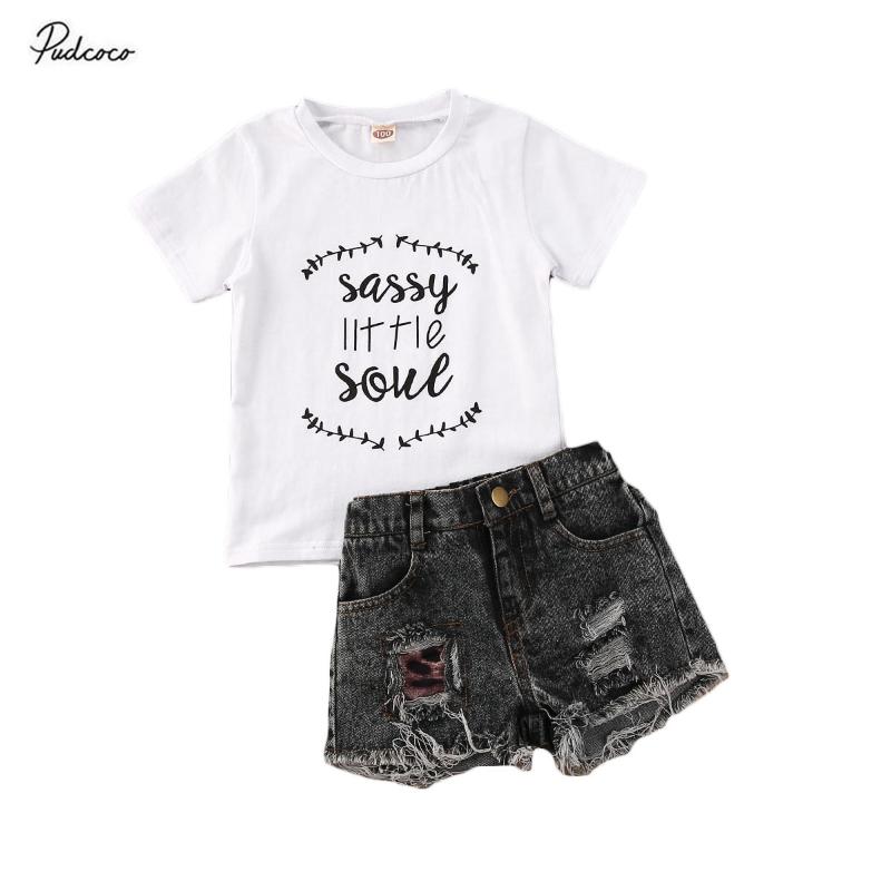 

Clothing Sets 2Pcs Infant Kids Baby Girls Outfit Letter Leaf Printing Short Sleeve T-shirt + Casual Ripped Denim Shorts Set, As pic