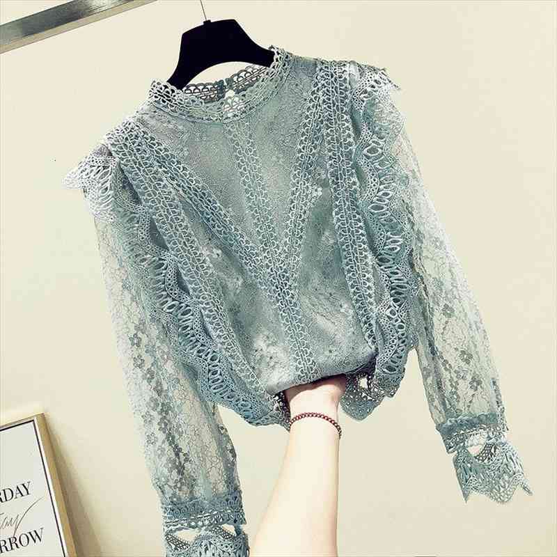 

Chiffon Lace Women Tops Long Sleeved Blouses Lace Patchwork Sexy Style Female Shirts Fashion Women Clothing Blouses, White