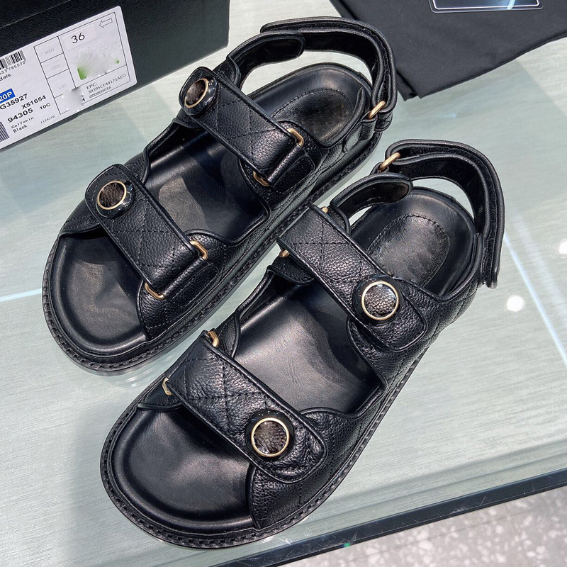 

luxury designer sandals casual womens Black Genuine leather backstrap flat slides platform beach slippers slide velcro sandal fashion classi