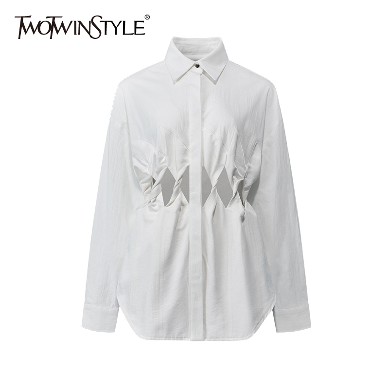 

White Waist Hollow Out Shirt For Women Lapel Long Sleeve Casual Loose Blouse Female Fashion Clothes Spring 210524, Orange