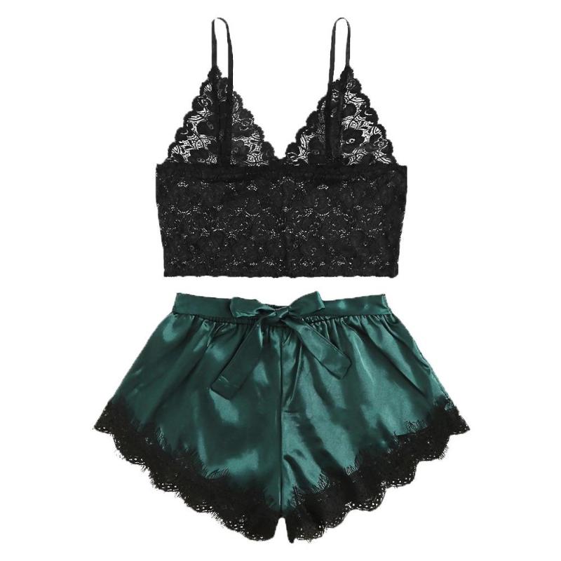 

Bras Sets 2021 Lady Underwear Women Sexy Floral Lace Bralette Bowknot Satin Shorts Bow Sleepwear Pajamas A50, Black
