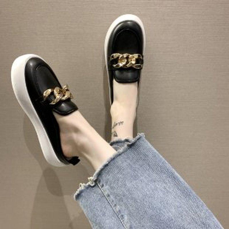 

Slippers Women's Sports Shoes Fashion Sneakers 2021 Leather Loafers Platform Casual Mules, Black