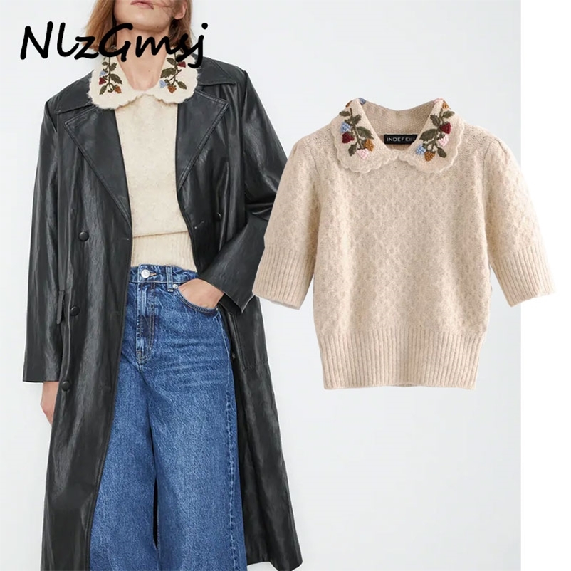 

Sweater Women Embroidery Autumn Fashion Half Sleeve Modern Lady Short Pullover Top 210628, As picture