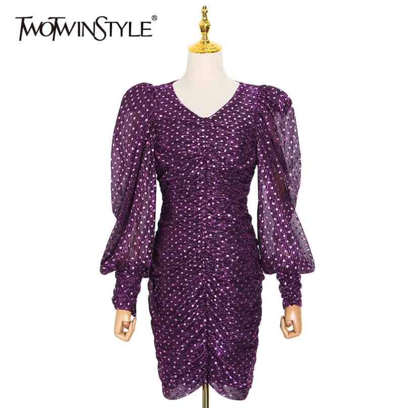 

Patchwork Sequins Ruched Dress For Women V Neck Puff Sleeve High Waist Sexy Mini Dresses Female Summer 210520, Green