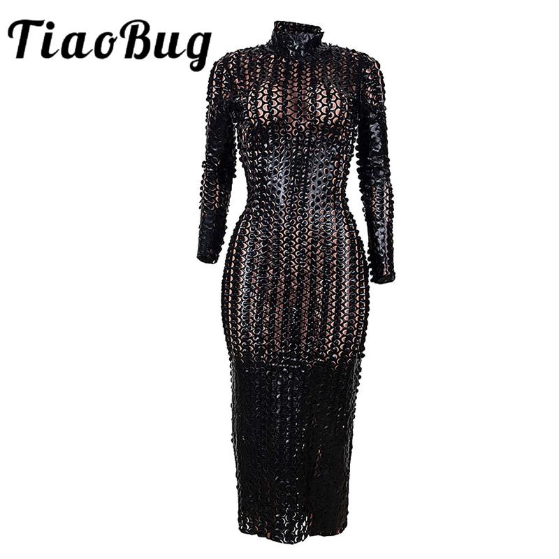 

Casual Dresses Womens Lingerie Dress See-Through Metallic Bodycon Costume Sexy Ladies Clubwear Shiny High Neck Long Sleeve Hollow Out, Black;gray