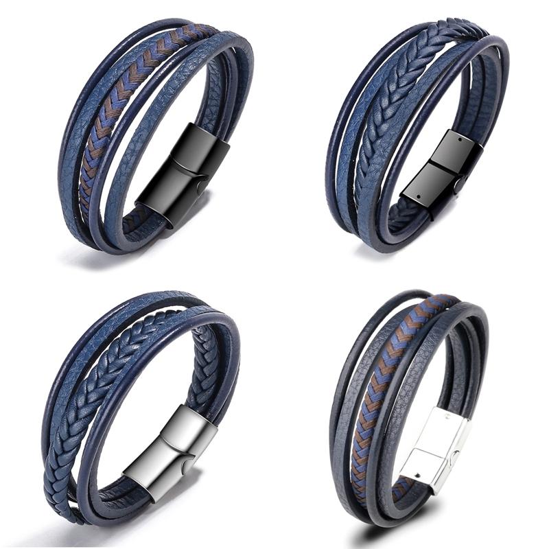

Charm Bracelets Vintage Genuine PU Leather Men Steel Multilayer Handmade Braided Rope For Male Female Jewelry Gift