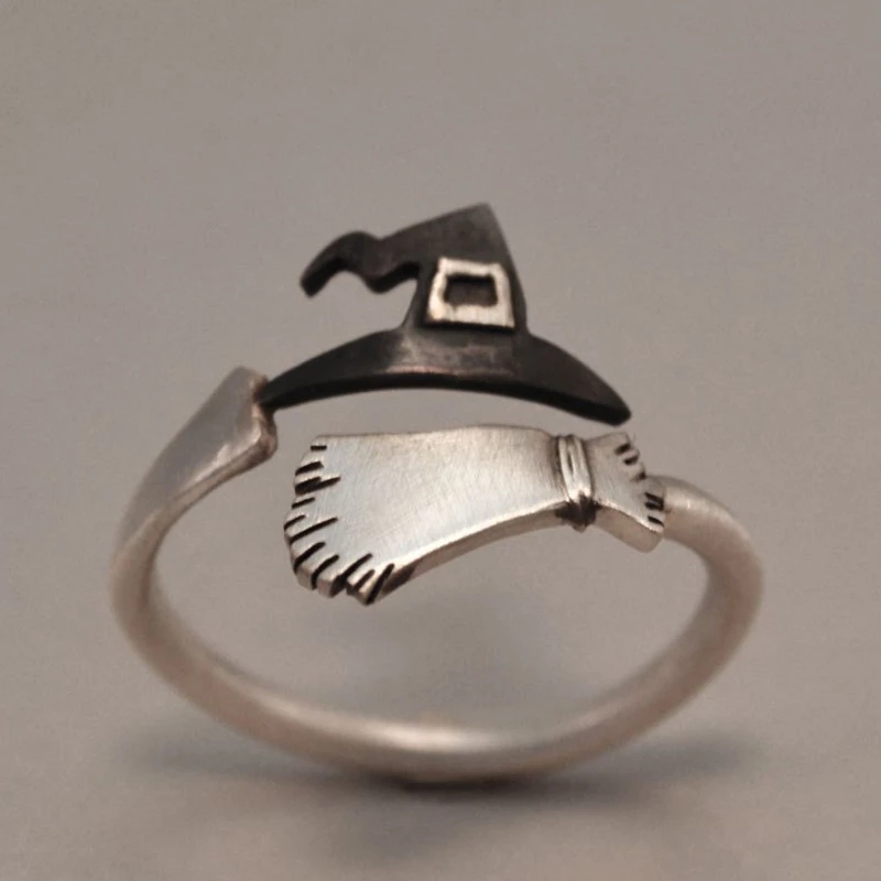 

Selling new 925 silver ring Halloween ghost witch hat broom open creative jewelry accessories gift rings for women