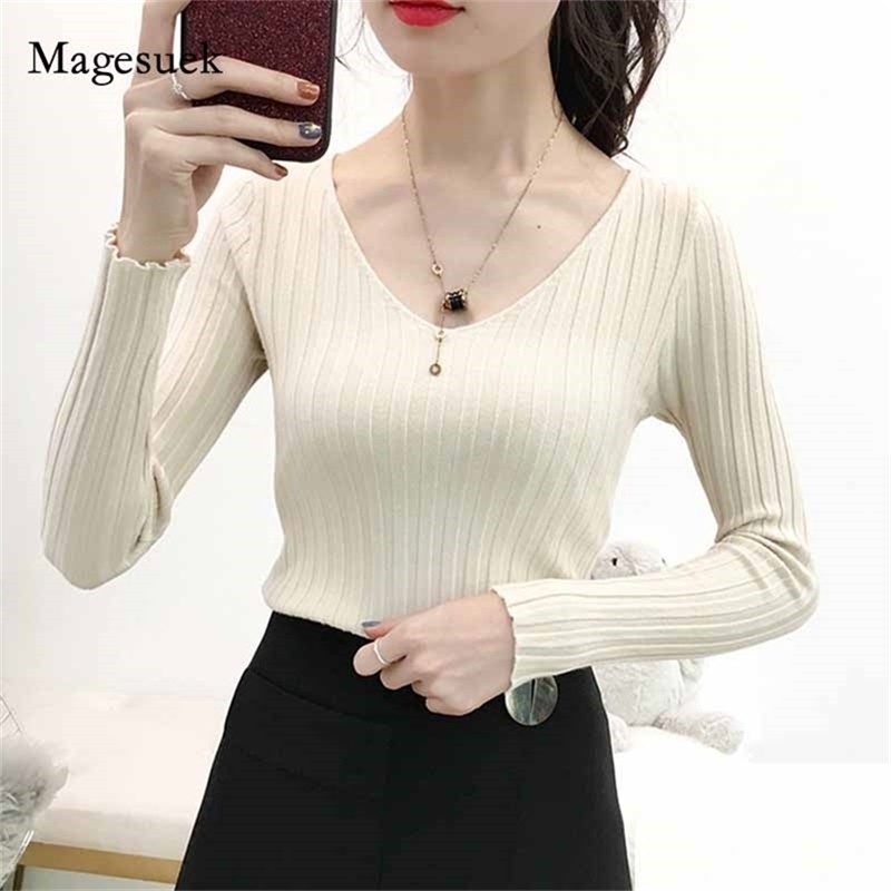 

Women Casual Knitted Sweater Solid Office Lady Slim Winter Autumn V-neck Pullover sweaters For 11039 210518, Dark brown