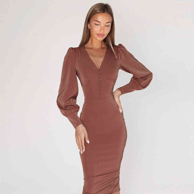 

Paris Girl Autumn French Women' Dress Long Sleeve Vintage Elegant V-Neck Office Femme Slim Pencil es Vestidos 210524, Brown