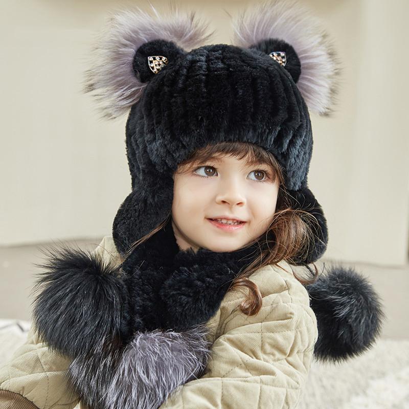 

Caps & Hats Children's Hat And Scarves Suit Winter Thickening Warm Earmuffs Rex Fur Cute Female Baby, Yellow