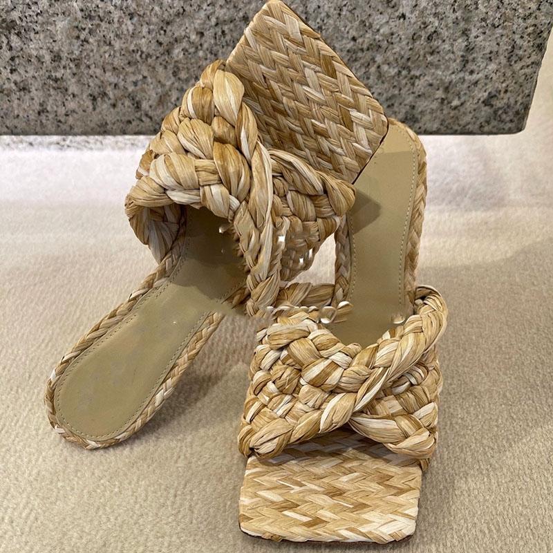 

Sandals 2021 Brand Designer Summer Leather Woven High Heels Square&Open Toe Sexy Women Slippers Slip On Stiletto Female Shoes, Beige