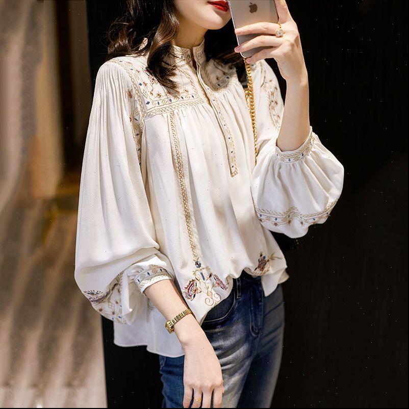 

large size fashion printed spring womens blouses summer retro bohemian long lantern sleeve elegant blouse p191, White