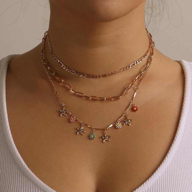 

Chains Fashion Sunflower Pendant Necklace For Women Starfish Daisy Flowers Chain Choker Charm Luxury Multilayer Jewelry Collar